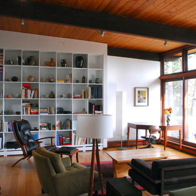 Example of a minimalist medium tone wood floor living room library design in Boston