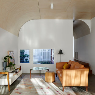 Design ideas for a large contemporary formal open concept living room in Melbourne with white walls and beige floor.