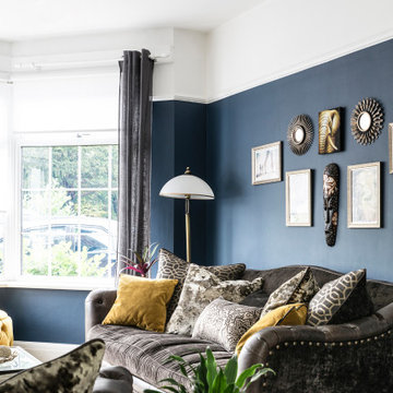 Deep Blue and Mustard Living Room