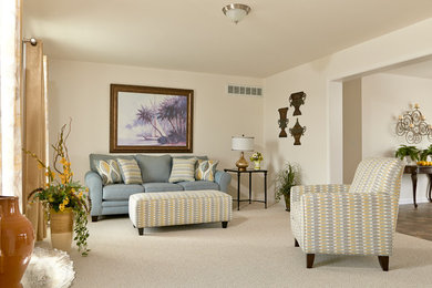 Mid-sized elegant formal and open concept carpeted living room photo in Other with white walls, no fireplace and no tv
