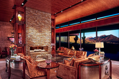 World-inspired living room in Seattle with brown walls, carpet, a ribbon fireplace and brown floors.