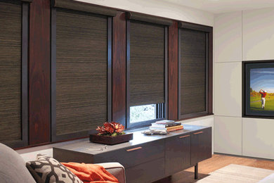 Imagen de salón para visitas contemporáneo de tamaño medio con paredes blancas, suelo de madera clara y pared multimedia