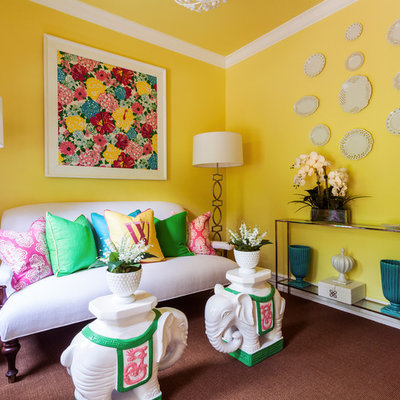 Inspiration for an eclectic living room remodel in New York with yellow walls