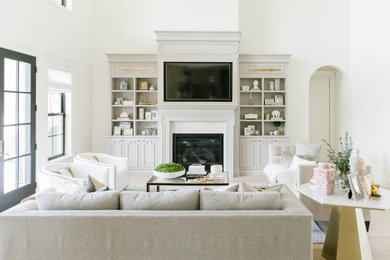 Living room - transitional open concept living room idea in Salt Lake City with white walls, a standard fireplace and a wall-mounted tv