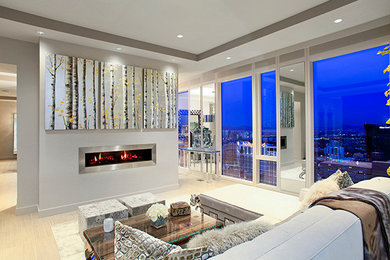 Living room - modern beige floor living room idea in New York with white walls