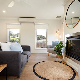 This is an example of a scandinavian living room in Other with white walls, medium hardwood floors, a standard fireplace, a metal fireplace surround and brown floor.