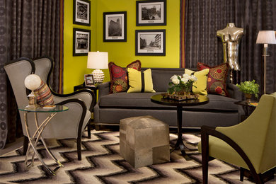 Ispirazione per un soggiorno contemporaneo di medie dimensioni e chiuso con pareti verdi, moquette, pavimento grigio e sala formale