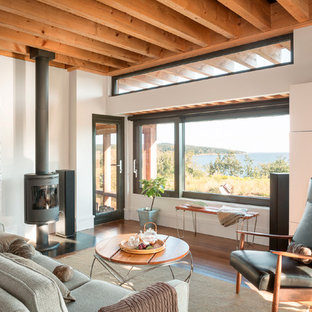 Living room - mid-sized scandinavian open concept medium tone wood floor and brown floor living room idea in Portland Maine with white walls, a wood stove, a metal fireplace and no tv