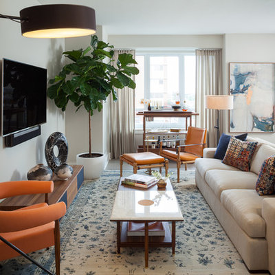 Inspiration for a mid-sized contemporary open concept living room remodel in New York with beige walls, a wall-mounted tv, a bar and no fireplace