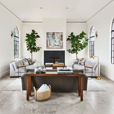 Inspiration for a contemporary formal and enclosed concrete floor and gray floor living room remodel in Portland with white walls, a standard fireplace and no tv