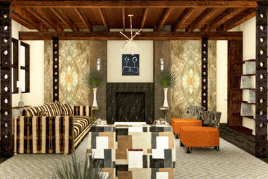 Imagen de salón tipo loft moderno de tamaño medio con paredes multicolor, suelo de madera oscura, todas las chimeneas, marco de chimenea de piedra, suelo marrón y vigas vistas