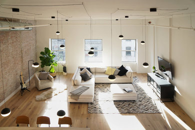Large minimalist loft-style light wood floor living room photo in New York with white walls