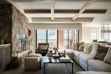 Mid-sized open concept coffered ceiling living room photo in Denver with a standard fireplace and a stone fireplace