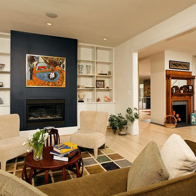 Inspiration for a mid-sized transitional formal and enclosed light wood floor and beige floor living room remodel in DC Metro with a standard fireplace, no tv, white walls and a metal fireplace