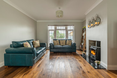 Modernes Wohnzimmer mit grauer Wandfarbe, braunem Holzboden, Kaminofen und Kaminumrandung aus Beton in Dublin