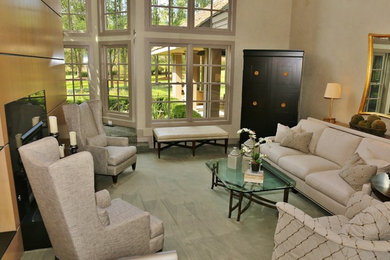 Example of a transitional carpeted living room design in Other with a stone fireplace