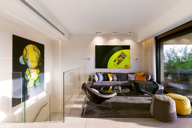 Diseño de salón abierto moderno con televisor independiente y suelo gris