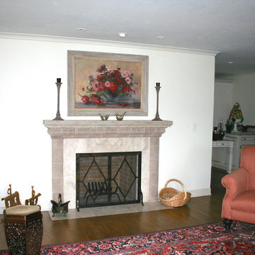 E Barnett Fireplace wall, seating, stained glass windows