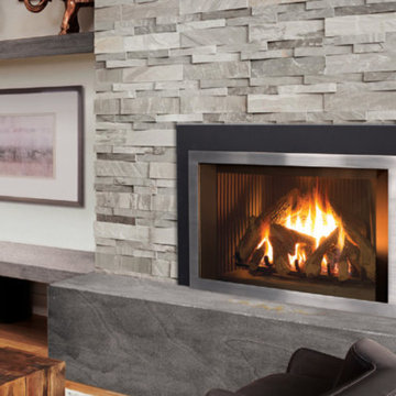 E33 Gas Fireplace Insert with a Brushed Nickel Borderview Surround