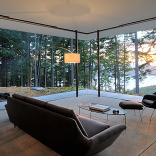 This is an example of a medium sized contemporary living room in Seattle with concrete flooring, white walls and no fireplace.