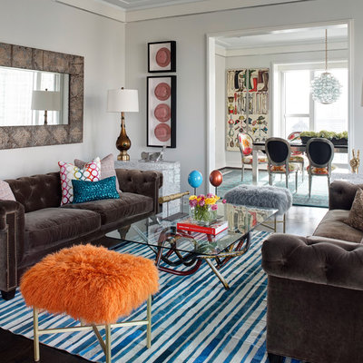 Mid-sized eclectic formal and enclosed dark wood floor living room photo in Chicago with white walls