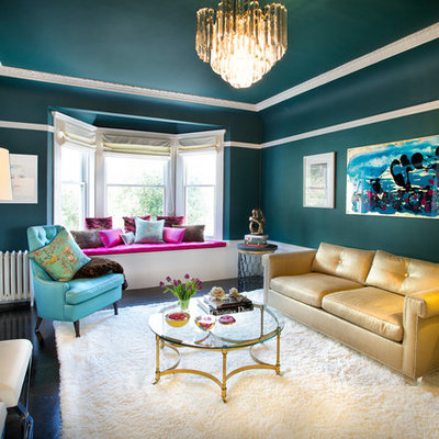Inspiration for an eclectic formal living room remodel in Los Angeles with blue walls
