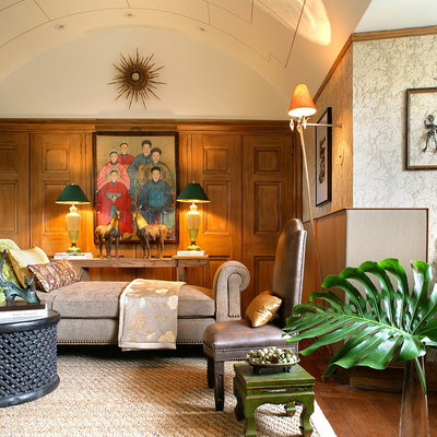 Mid-sized eclectic enclosed dark wood floor living room library photo in New York with beige walls and no tv