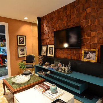 Eclectic living room with wooden mosaic wall