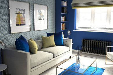 Foto de salón para visitas cerrado vintage de tamaño medio sin chimenea y televisor con paredes azules, moqueta y suelo beige