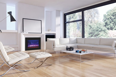 Large trendy formal and open concept light wood floor living room photo in Boston with white walls, a ribbon fireplace, a tile fireplace and a media wall