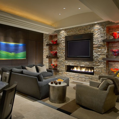 Living room - large contemporary open concept travertine floor living room idea in Phoenix with a ribbon fireplace, a stone fireplace, a wall-mounted tv and white walls