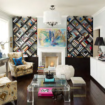 Elegant living room with unusual X-cross shelving