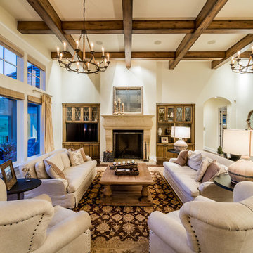 Elk Country Estate_French Country_Living Room with Fireplace and Wood Grid Ceili