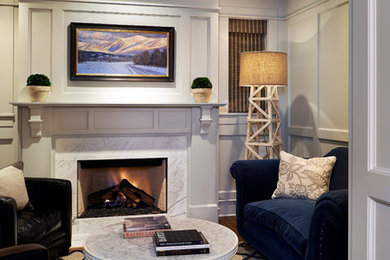 Inspiration for a timeless living room remodel in Denver with gray walls