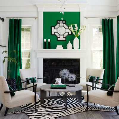 Example of a transitional formal gray floor and medium tone wood floor living room design in DC Metro with white walls and a standard fireplace
