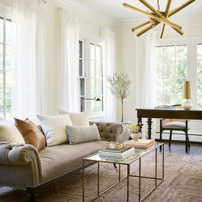 Large transitional formal and open concept dark wood floor and brown floor living room photo in Chicago with beige walls
