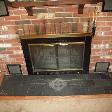 Engraved fireplace hearth.