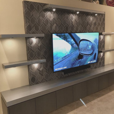 Example of a minimalist living room design in Other with a media wall