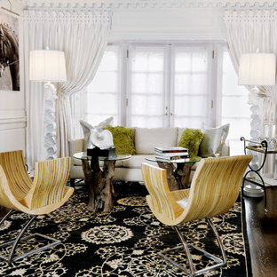 Large trendy open concept dark wood floor living room photo in Las Vegas with white walls