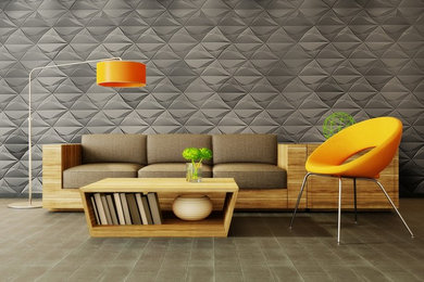 Mittelgroßes, Repräsentatives, Fernseherloses, Abgetrenntes Modernes Wohnzimmer ohne Kamin mit grauer Wandfarbe und dunklem Holzboden in Manchester