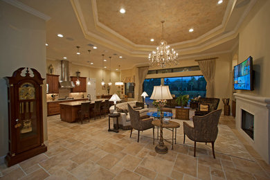 Example of a mid-sized classic formal and open concept travertine floor living room design in Tampa with beige walls, a standard fireplace, a plaster fireplace and no tv