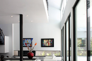 Immagine di un soggiorno moderno con parquet scuro e pavimento nero