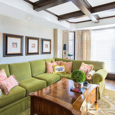 Example of a classic dark wood floor living room design in Vancouver with white walls