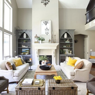 European Splendor, living room, black leather sofa, fireplace, mantle, built in