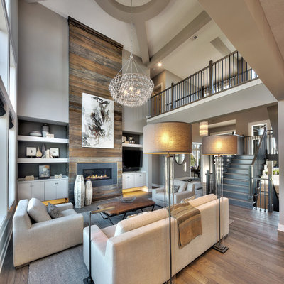 Living room - transitional formal and open concept medium tone wood floor and brown floor living room idea in Kansas City with gray walls, a ribbon fireplace, a metal fireplace and a tv stand