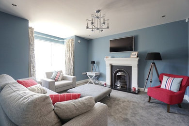 This is an example of a contemporary grey and teal living room in Other.