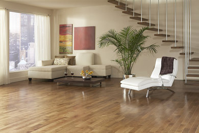 Foto de salón tradicional de tamaño medio con paredes beige, suelo de madera en tonos medios y suelo marrón