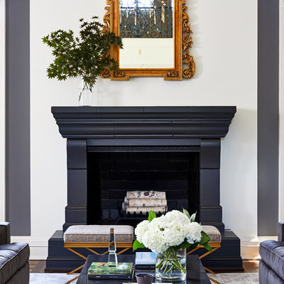 Example of a huge transitional formal and open concept dark wood floor living room design in DC Metro with gray walls, a standard fireplace, a stone fireplace and no tv