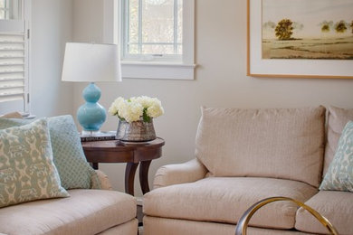 Mid-sized elegant open concept carpeted living room photo in DC Metro with gray walls and a wall-mounted tv