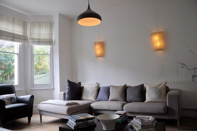 This is an example of a medium sized scandi enclosed living room in London with grey walls and dark hardwood flooring.